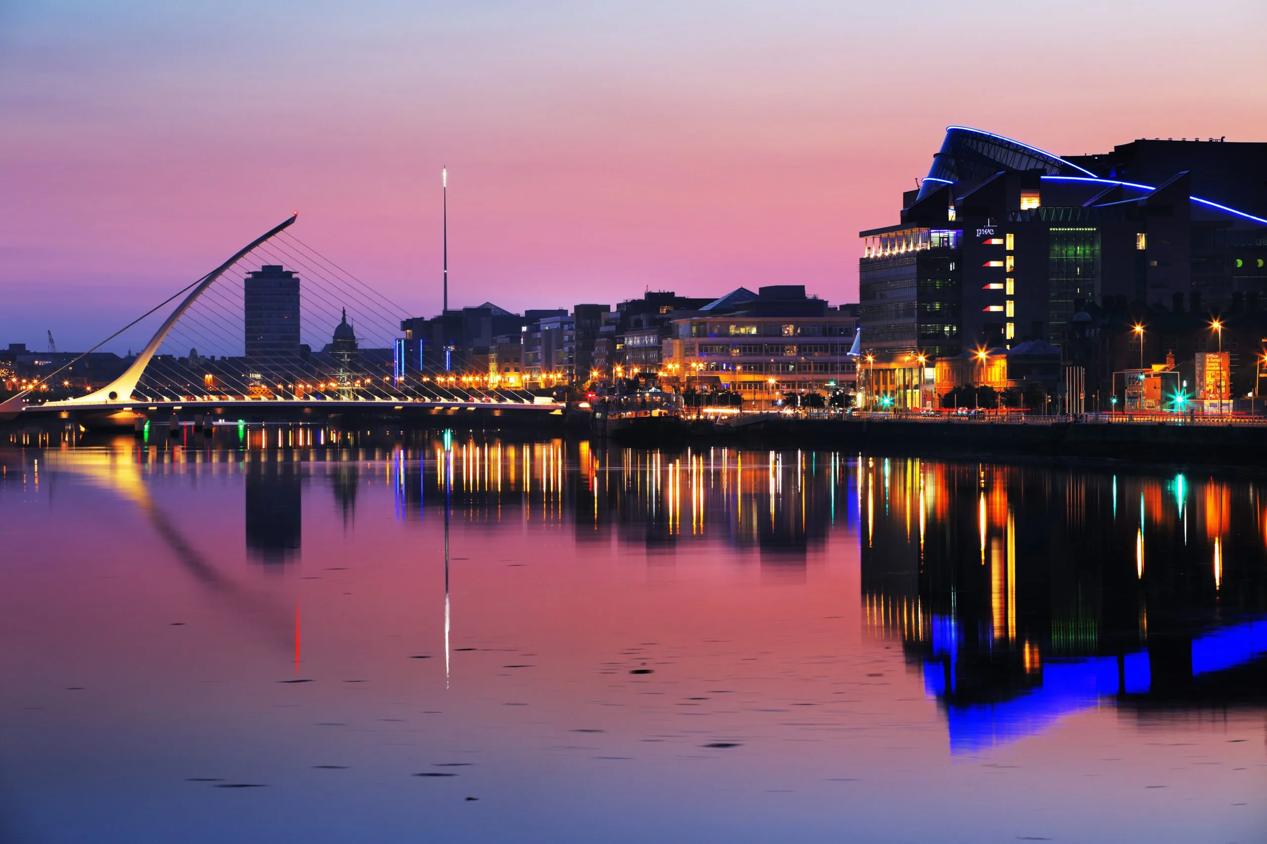 North bank of the river Liffey at Dublin City Center at night